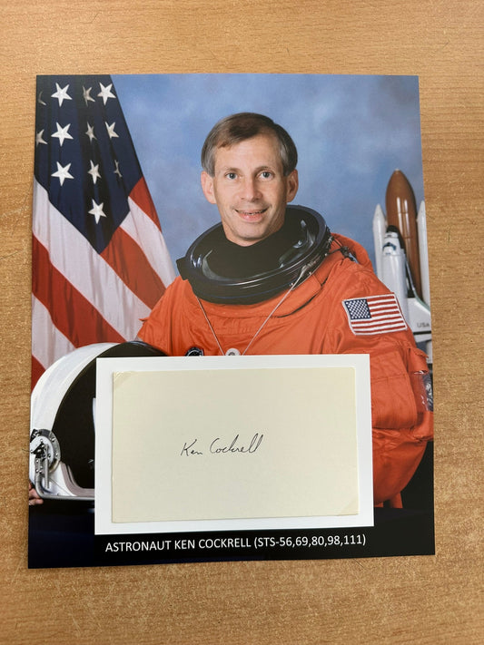 Astronaut Ken Cockrell hand-signed 5x3'' index card on 8x10'' presentation