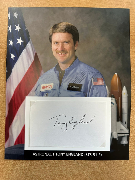 Astronaut Tony England hand-signed 5x3'' index card on 8x10'' presentation