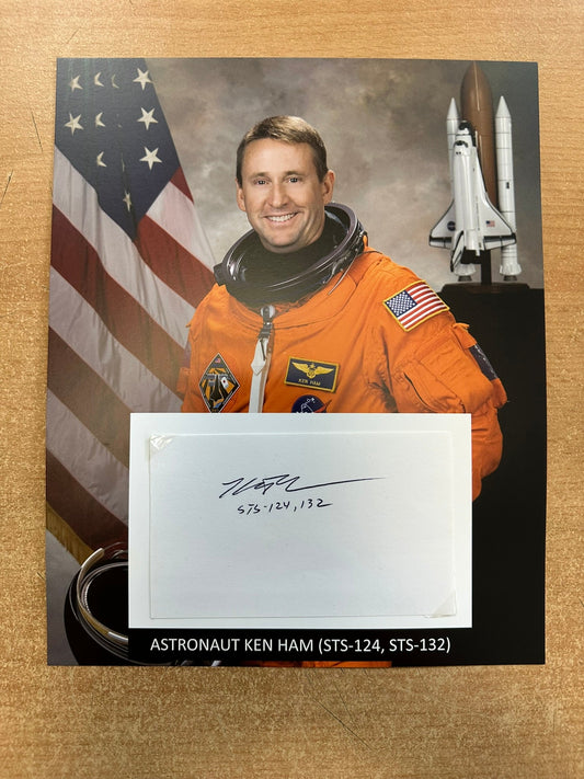 Astronaut Ken Ham hand-signed 5x3'' index card on 8x10'' presentation