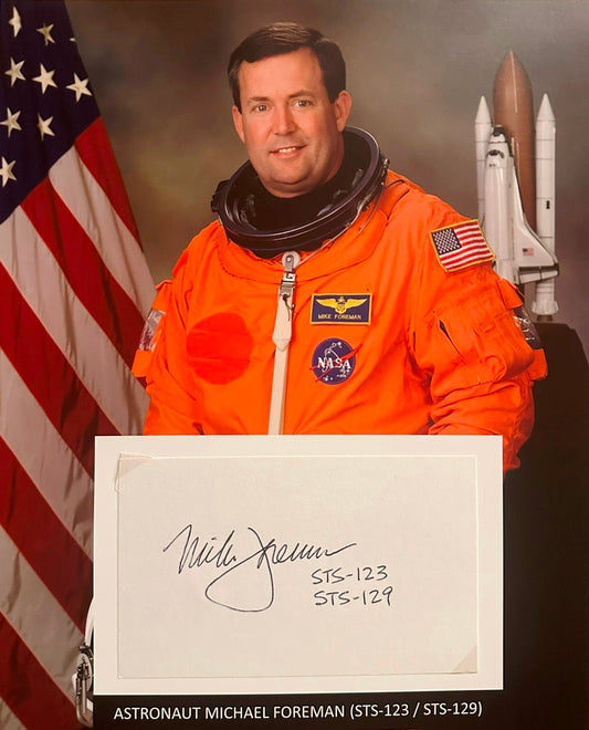 Astronaut Michael Foreman hand-signed 5x3'' index card on 8x10'' presentation