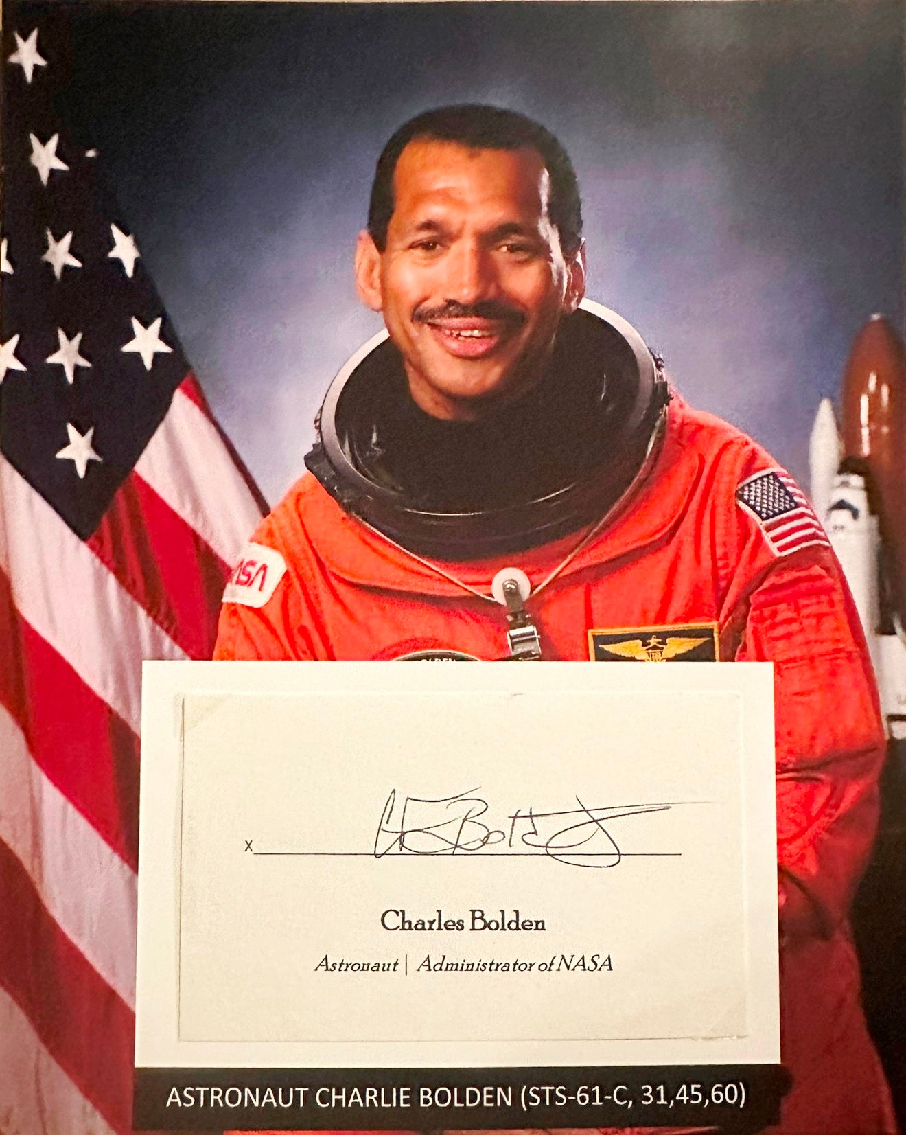 Astronaut Charlie Bolden hand-signed 5x3'' index card on 8x10'' presentation