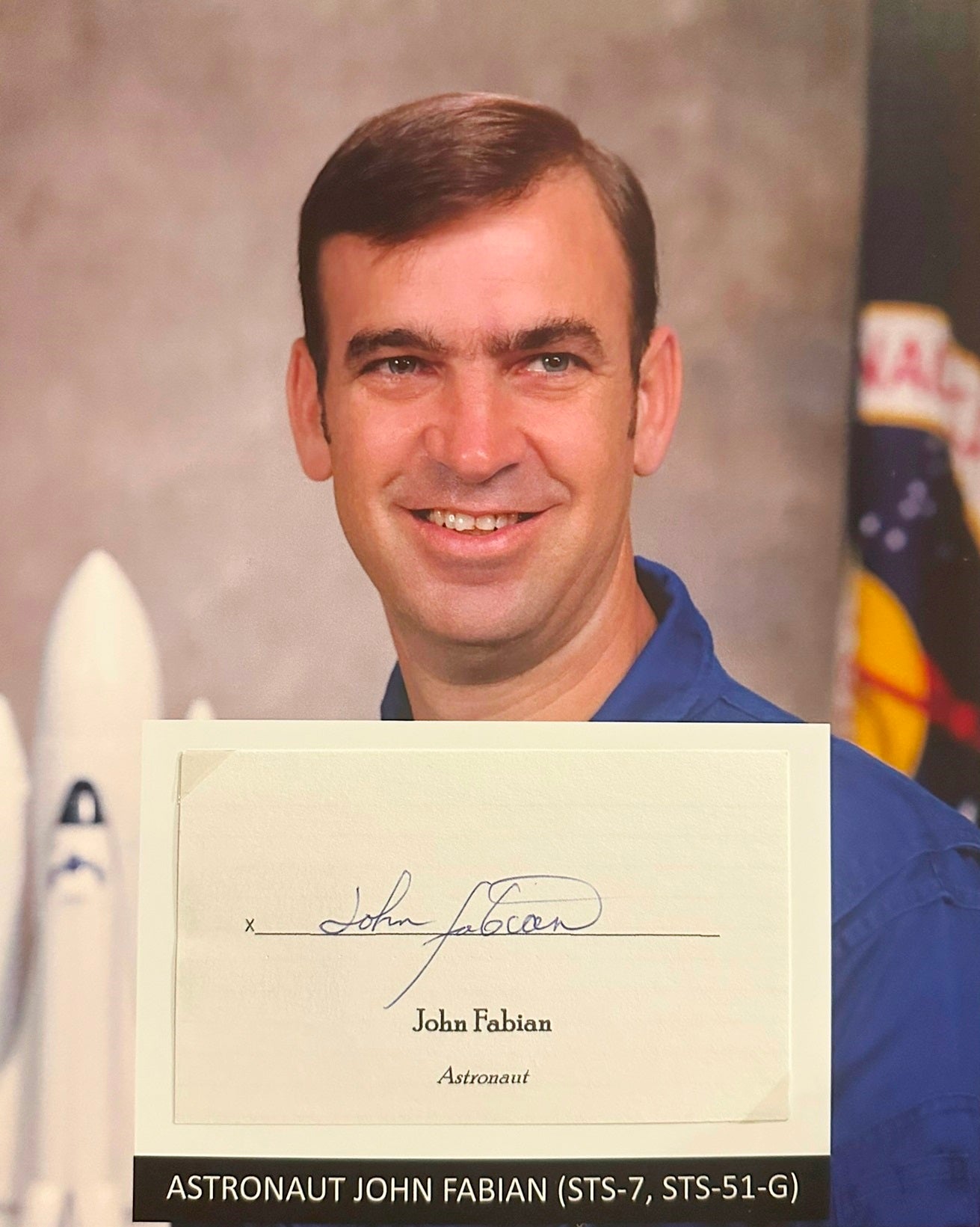 Astronaut John Fabian hand-signed 5x3'' index card on 8x10'' presentation