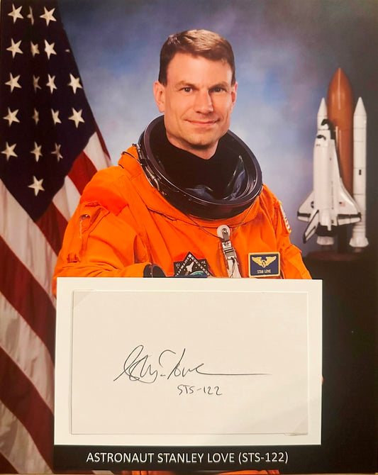 Astronaut Stanley Love hand-signed 5x3'' index card on 8x10'' presentation