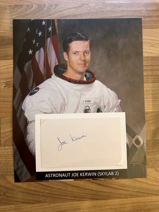 Astronaut Joe Kerwin hand-signed 5x3'' index card on 8x10'' presentation