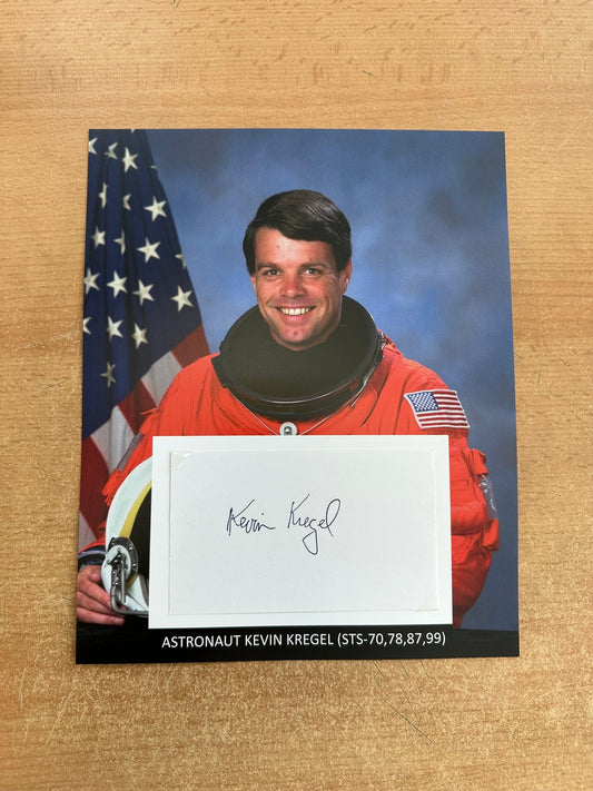 Astronaut Kevin Kregel hand-signed 5x3'' index card on 8x10'' presentation