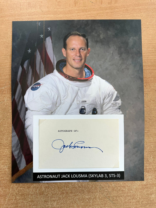 Astronaut Jack Lousma hand-signed 5x3'' index card on 8x10'' presentation