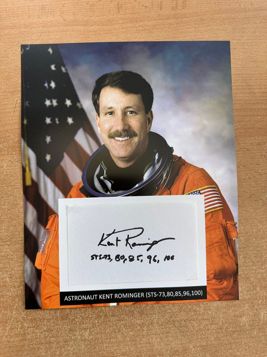 Astronaut Kent Rominger hand-signed 5x3'' index card on 8x10'' presentation