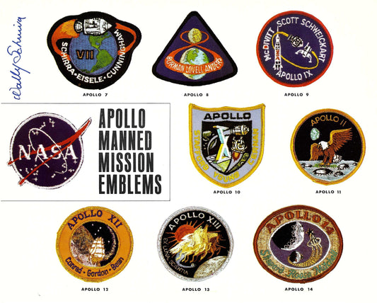 Astronaut Wally Schirra signed 10x8'' NASA Apollo Mission Emblems photo