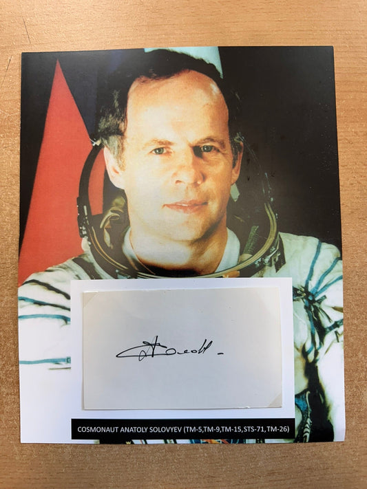 Cosmonaut Anatoly Solovyev hand-signed 5x3'' index card on 8x10'' presentation