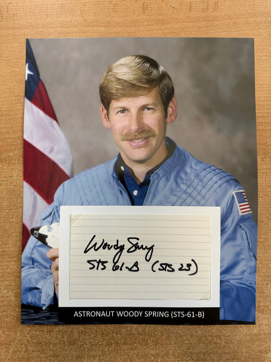 Astronaut Woody Spring hand-signed 5x3'' index card on 8x10'' presentation