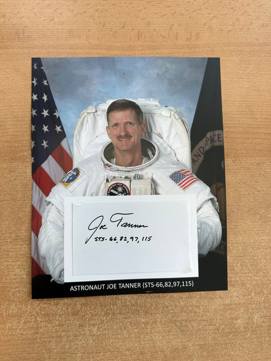 Astronaut Joe Tanner hand-signed 5x3'' index card on 8x10'' presentation