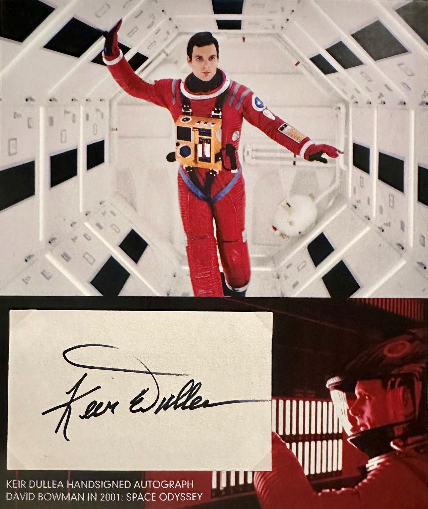 2001: Keir Dullea hand-signed index card on 'Space Odyssey' photo 8x10''