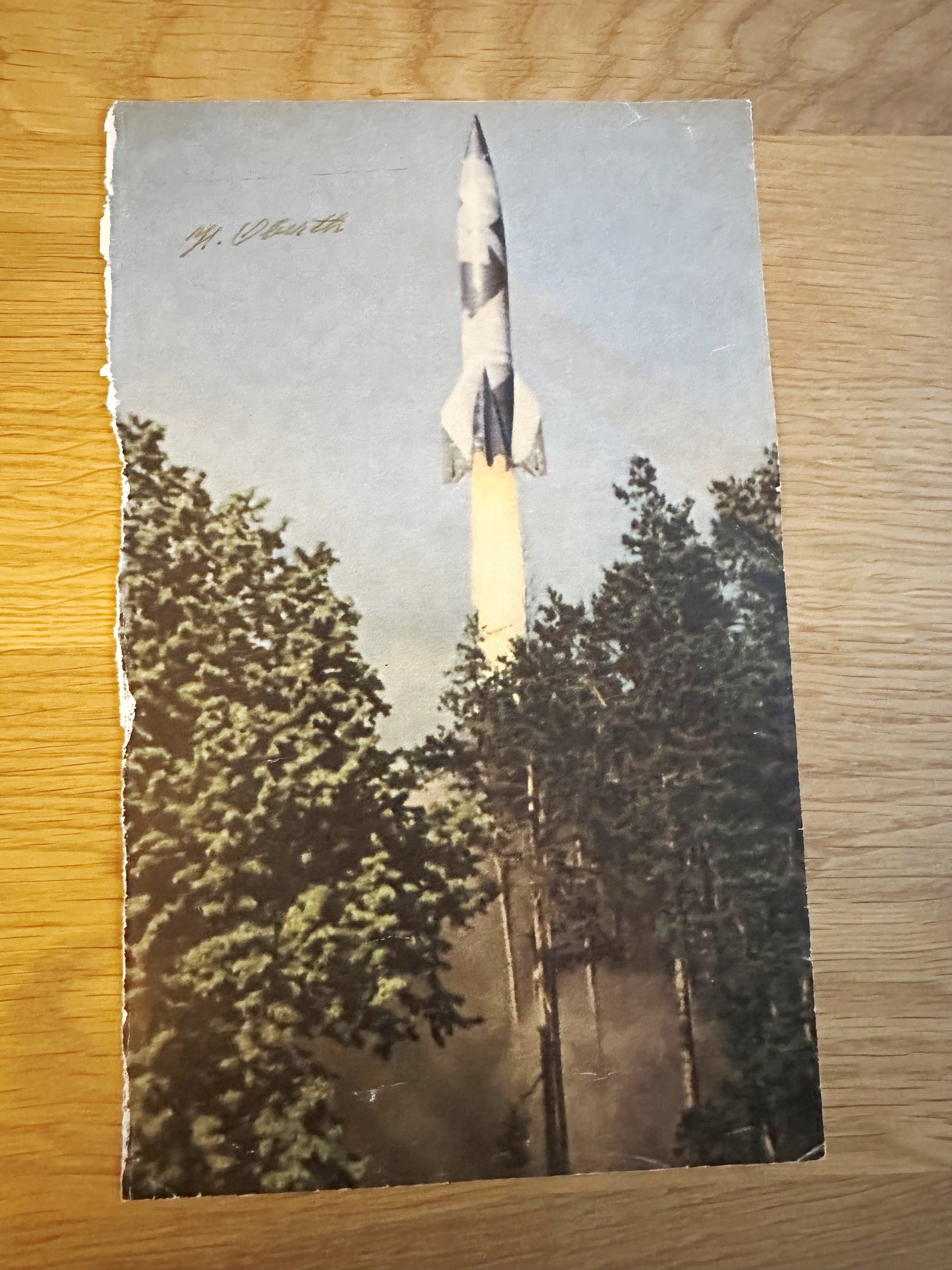 German Rocket Pioneer Herrmann Oberth hand-signed newspaper cut V-2 (6x8'')